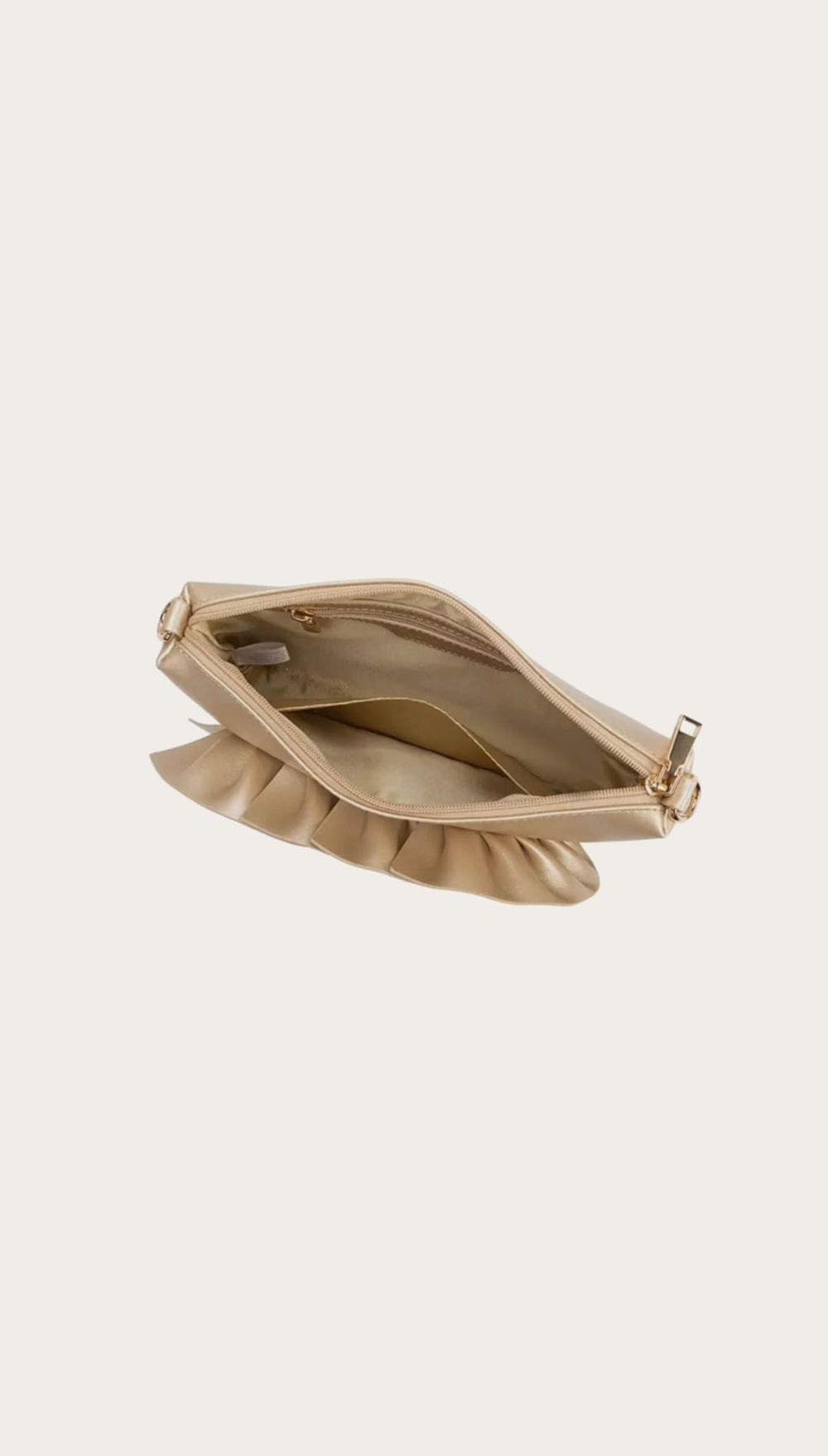 Open, ruffled, gold clutch.