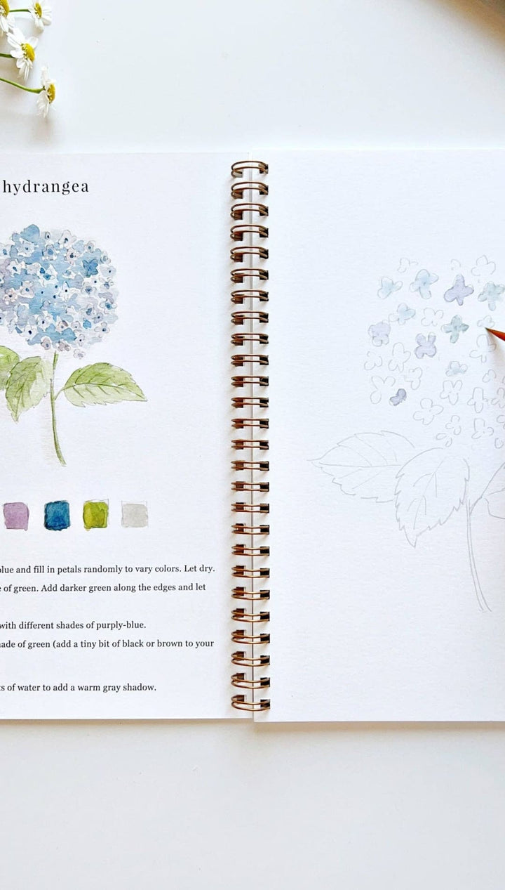 Hydrangea watercolor painting book with spiral binding and soft cover.