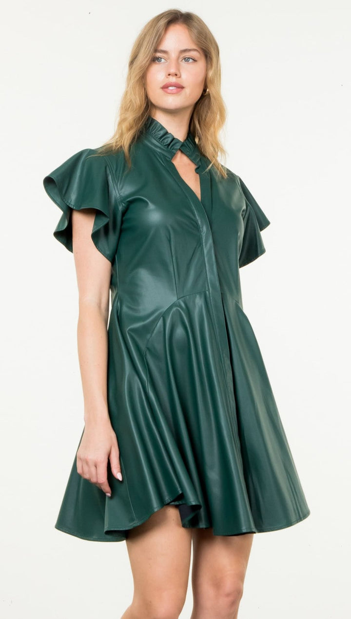 Flutter Sleeve Vegan Leather Dress - 180 Dresses