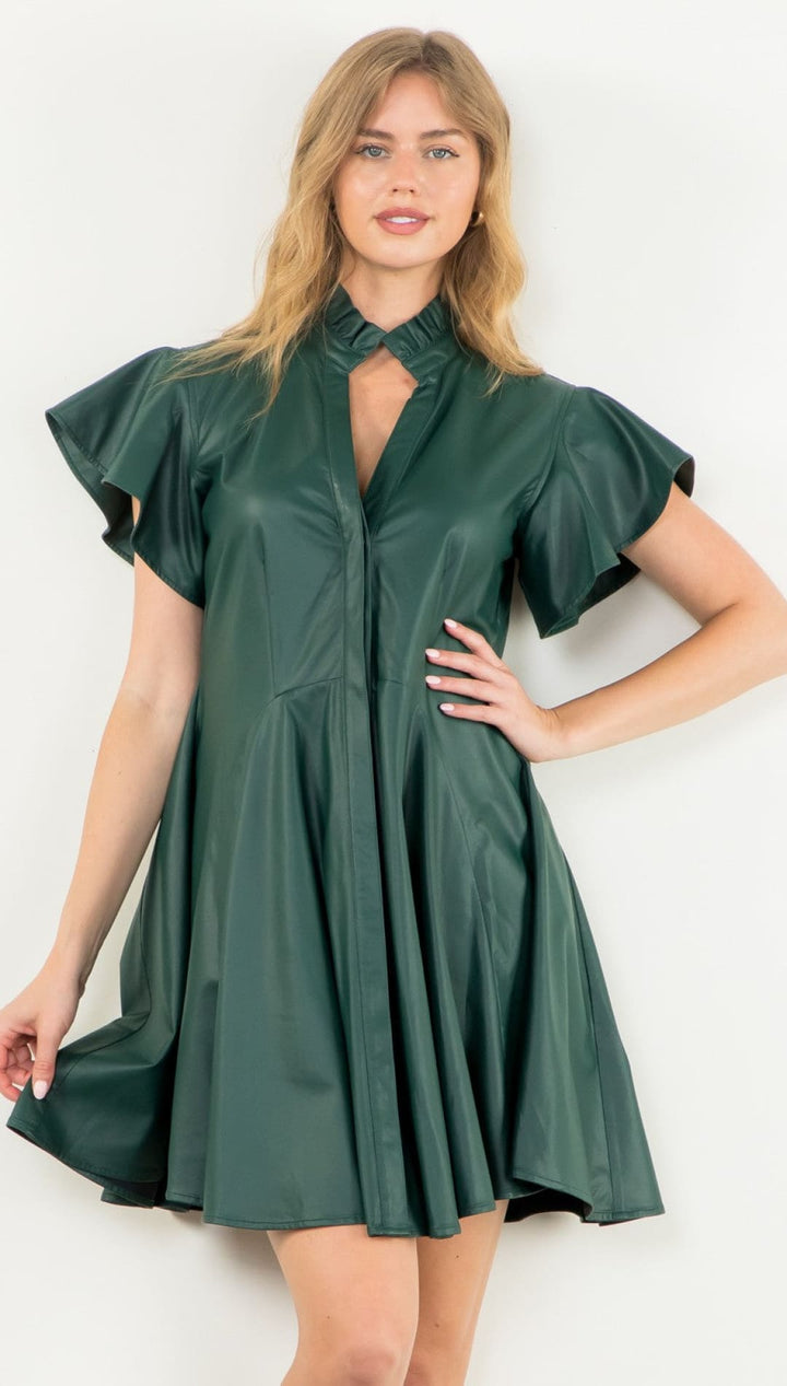 Flutter Sleeve Vegan Leather Dress - 180 Dresses