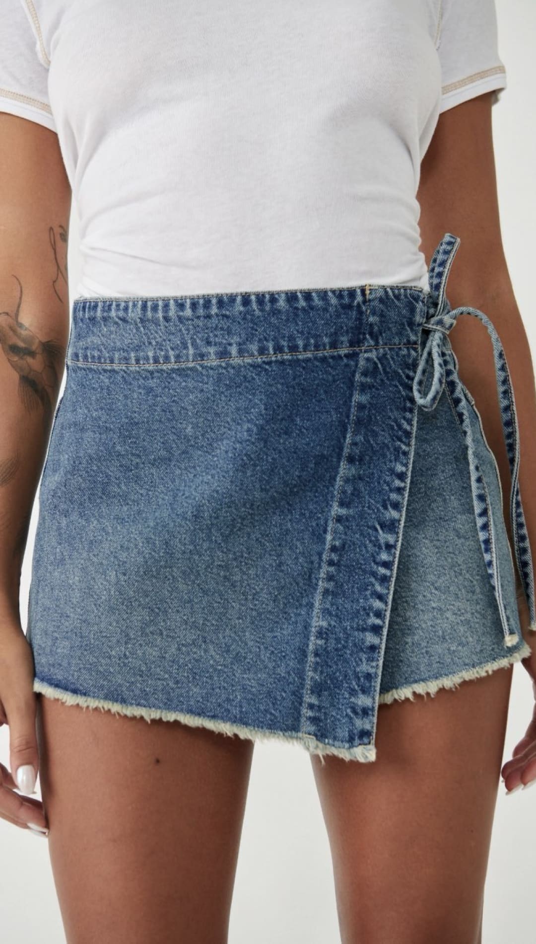 Denim wrap mini skirt.