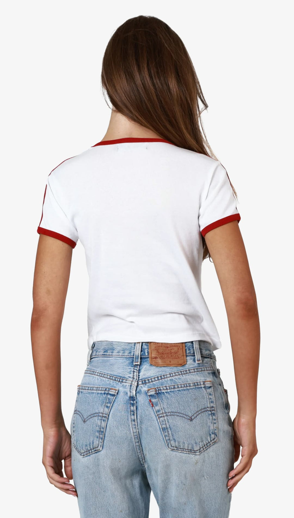 White and red ringer tee.