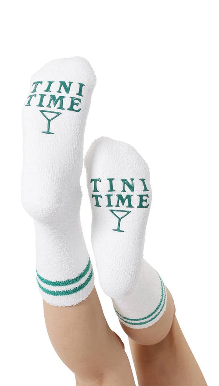 Fuzzy Crew Socks w/ Bottom Grip Phrase - ’Tini Time’ - White - 240 Intimates/Lounge