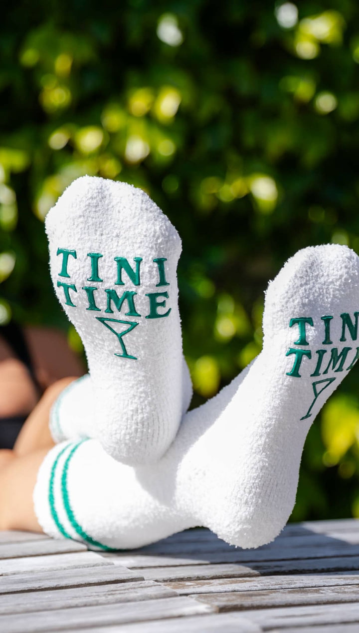 Fuzzy Crew Socks w/ Bottom Grip Phrase - ’Tini Time’ - White - 240 Intimates/Lounge