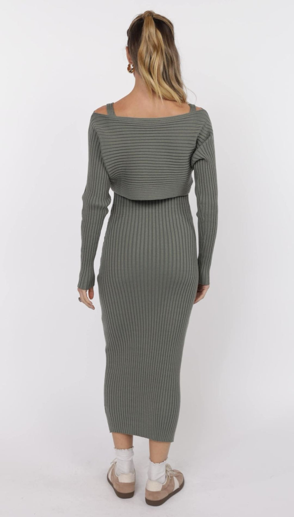 Olive green ribbed knit dress with matching shrug.