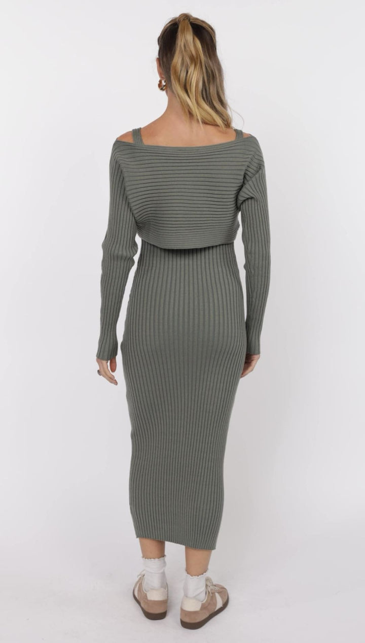 Olive green ribbed knit dress with matching shrug.