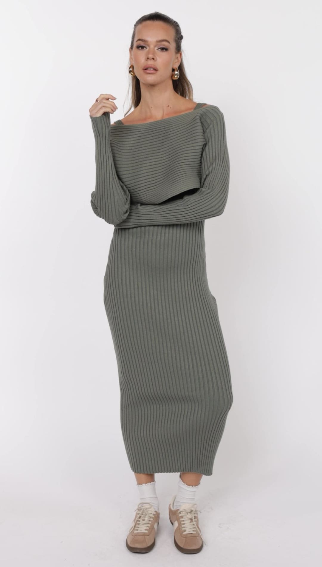 Olive green ribbed knit dress.
