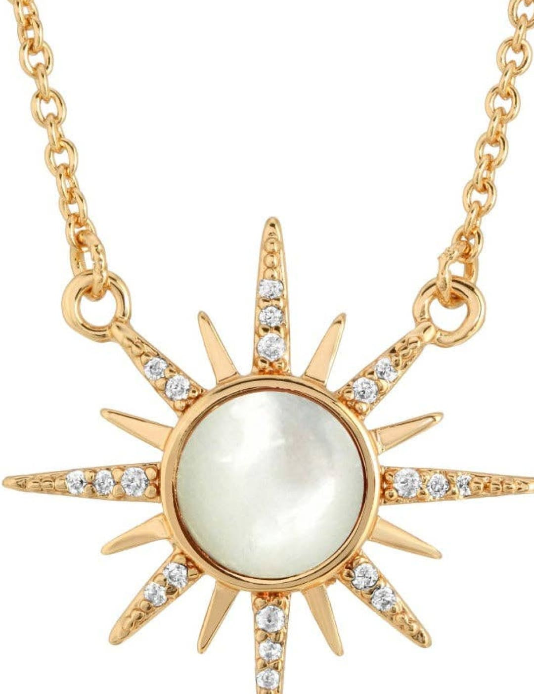 Gold sunburst pendant necklace.