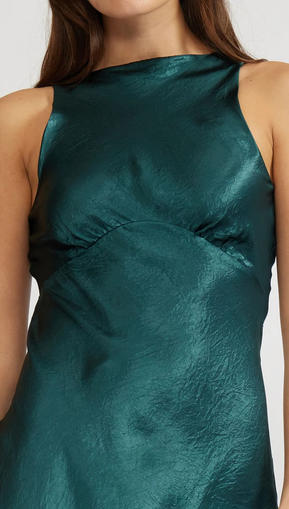 Teal satin halter dress with ruched bodice and high neckline.