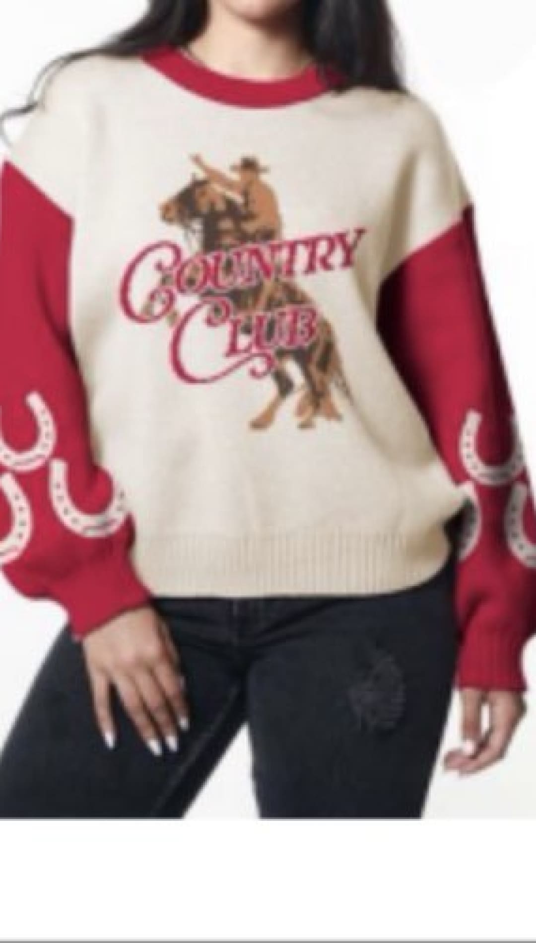 Cream and red ’country club’ sweater with horse graphic, horseshoe details on sleeves.