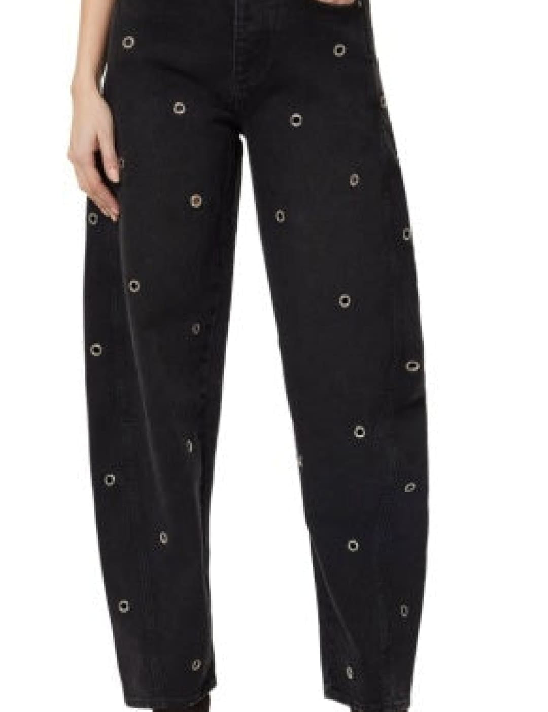 Black high-waisted jeans with eyelet details and a straight leg fit.
