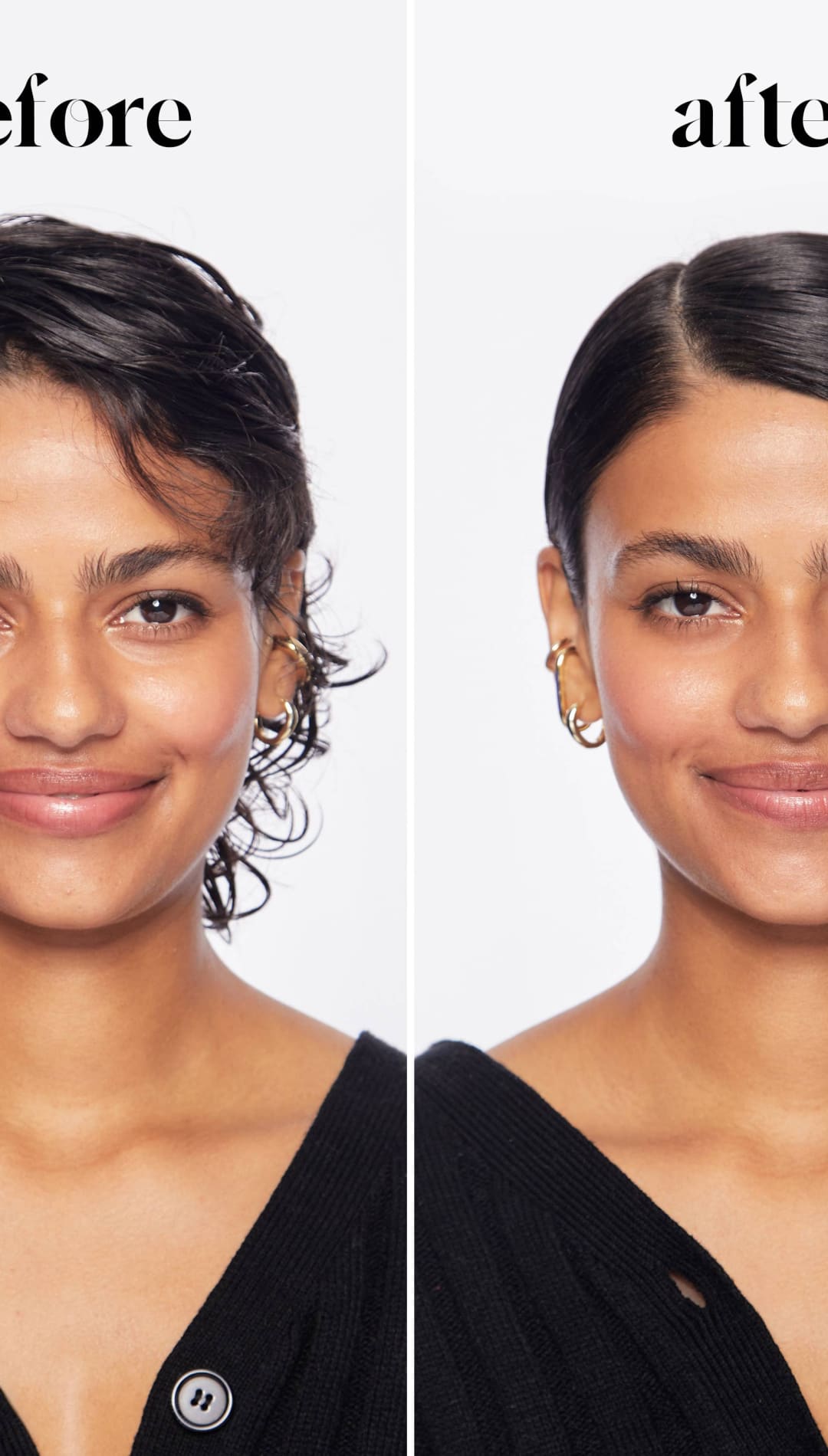 Black v-neck blouse with button detail and gold hoop earrings.