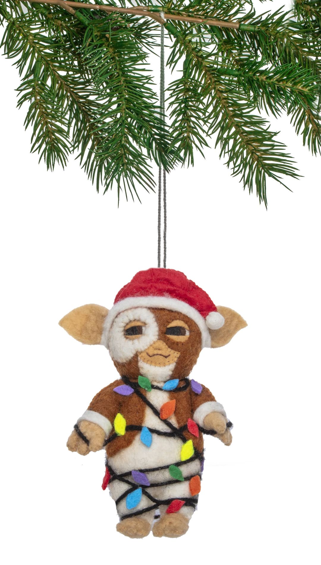Christmas ornament featuring a gollum character from the lord of the rings, wrapped in colorful lights and wearing a santa hat.