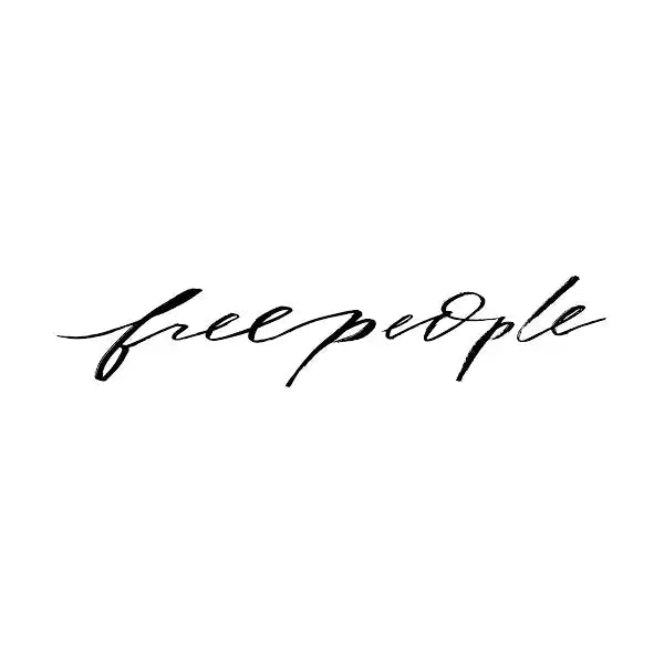 Handwritten text that reads ’free people’ in a flowing script style.