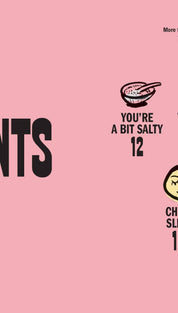 Pink book cover with ’contents’ in bold black letters and colorful food illustrations.