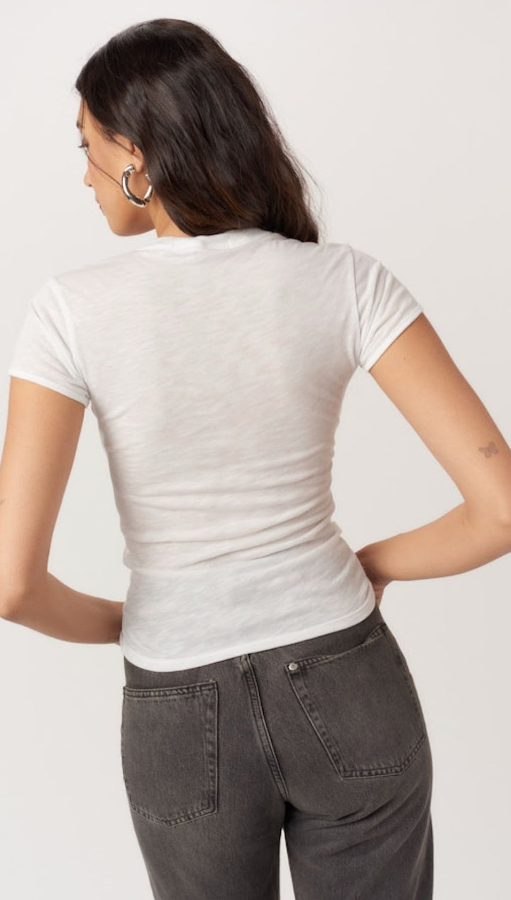 A fitted white short-sleeve crewneck t-shirt.