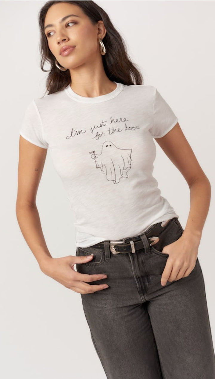 A white short-sleeved graphic t-shirt with a ghost design.