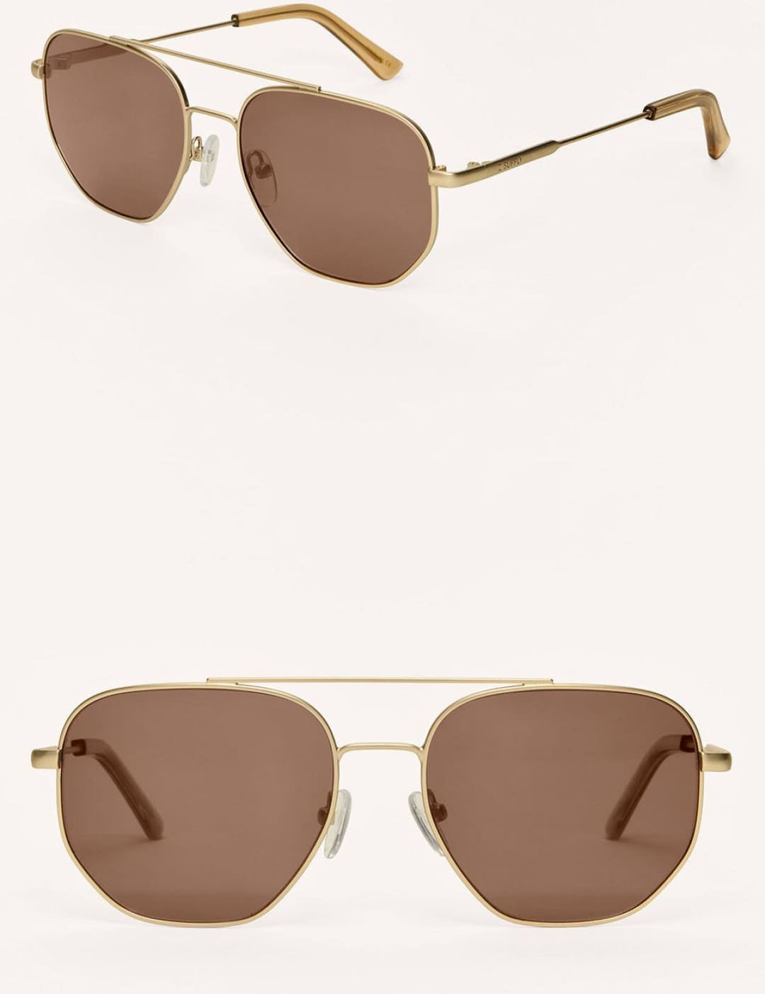 Gold-framed sunglasses with brown hexagonal lenses