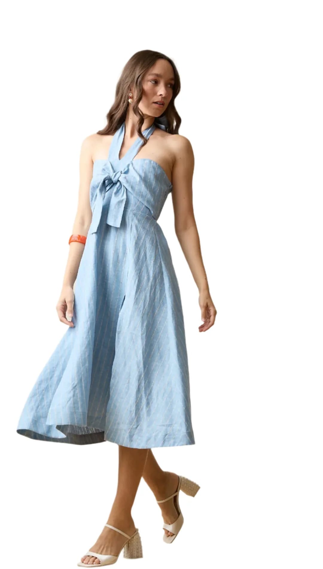 Light blue halter dress.