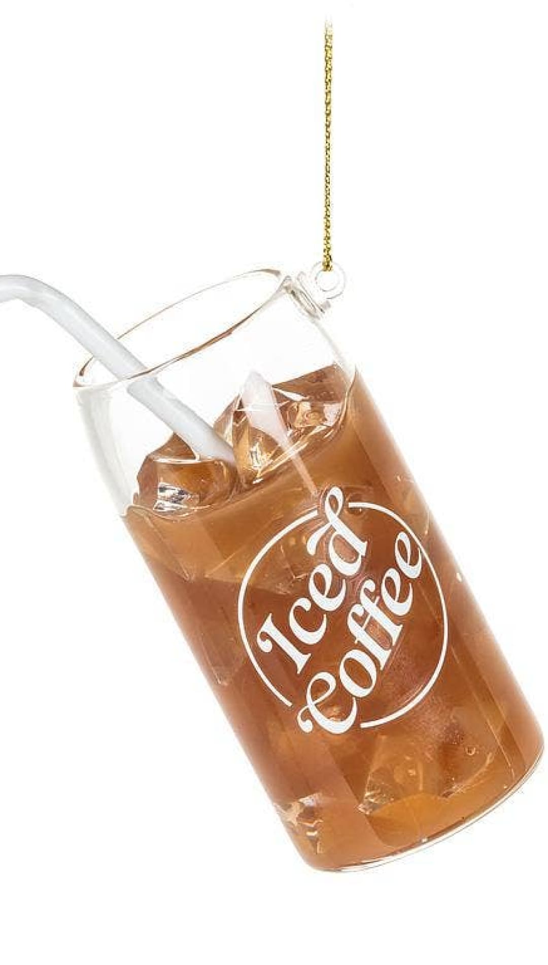 Iced coffee glass ornament with straw and clear plastic material.