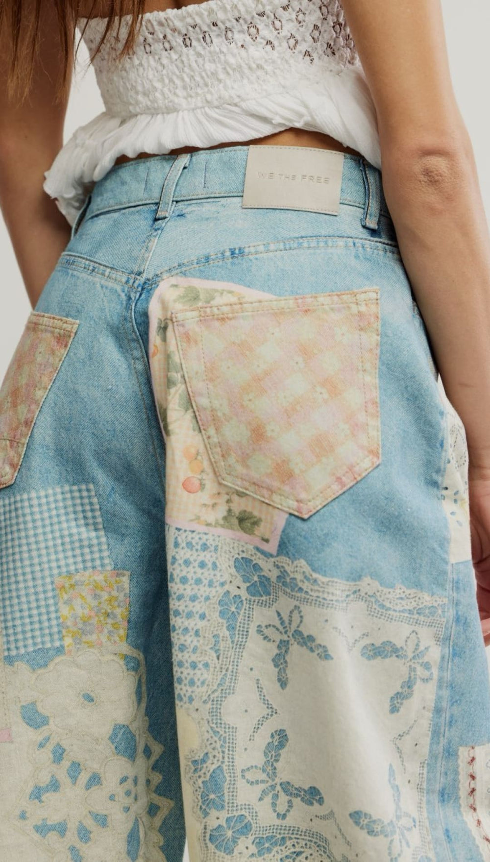 Patchwork denim pants.
