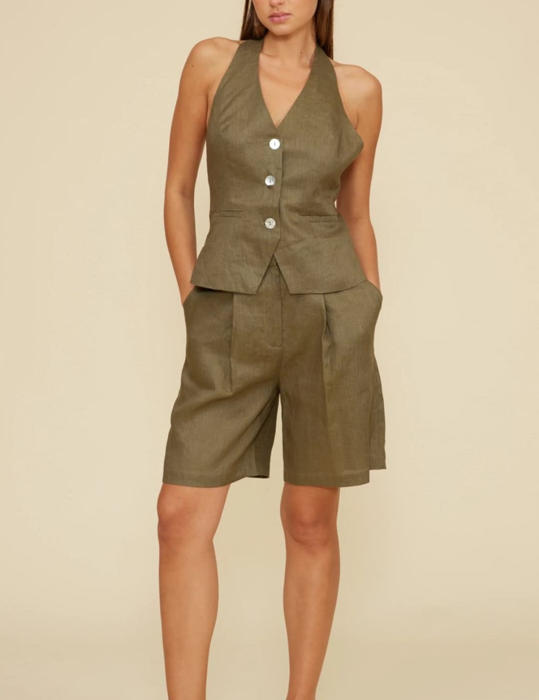 Olive green halter top and shorts set.