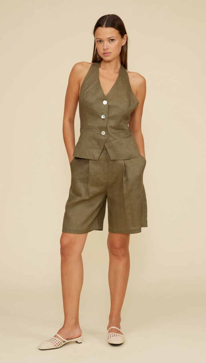 Olive green halter top and shorts set.