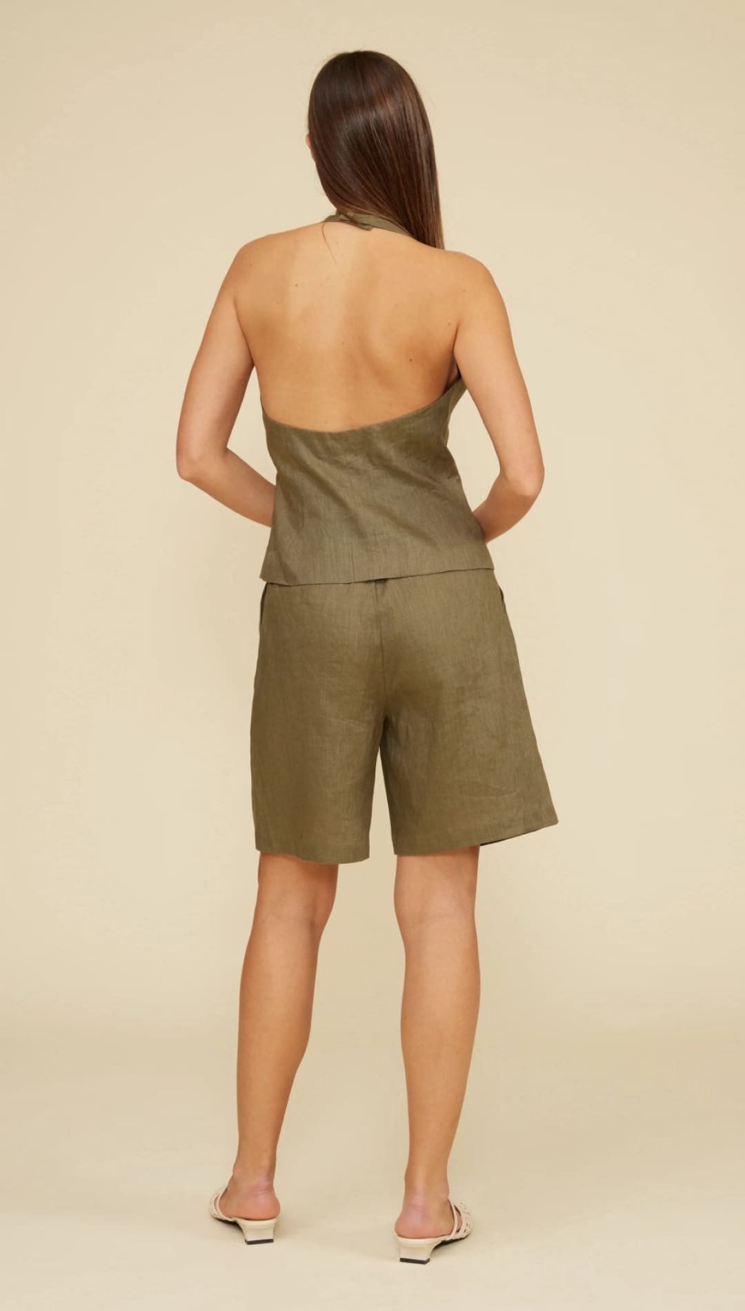 Olive green halter top and shorts set.