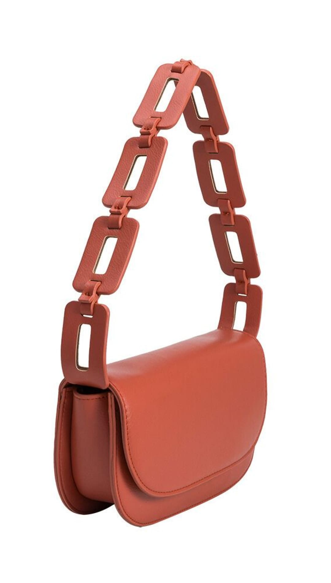 Orange shoulder bag with chain strap.