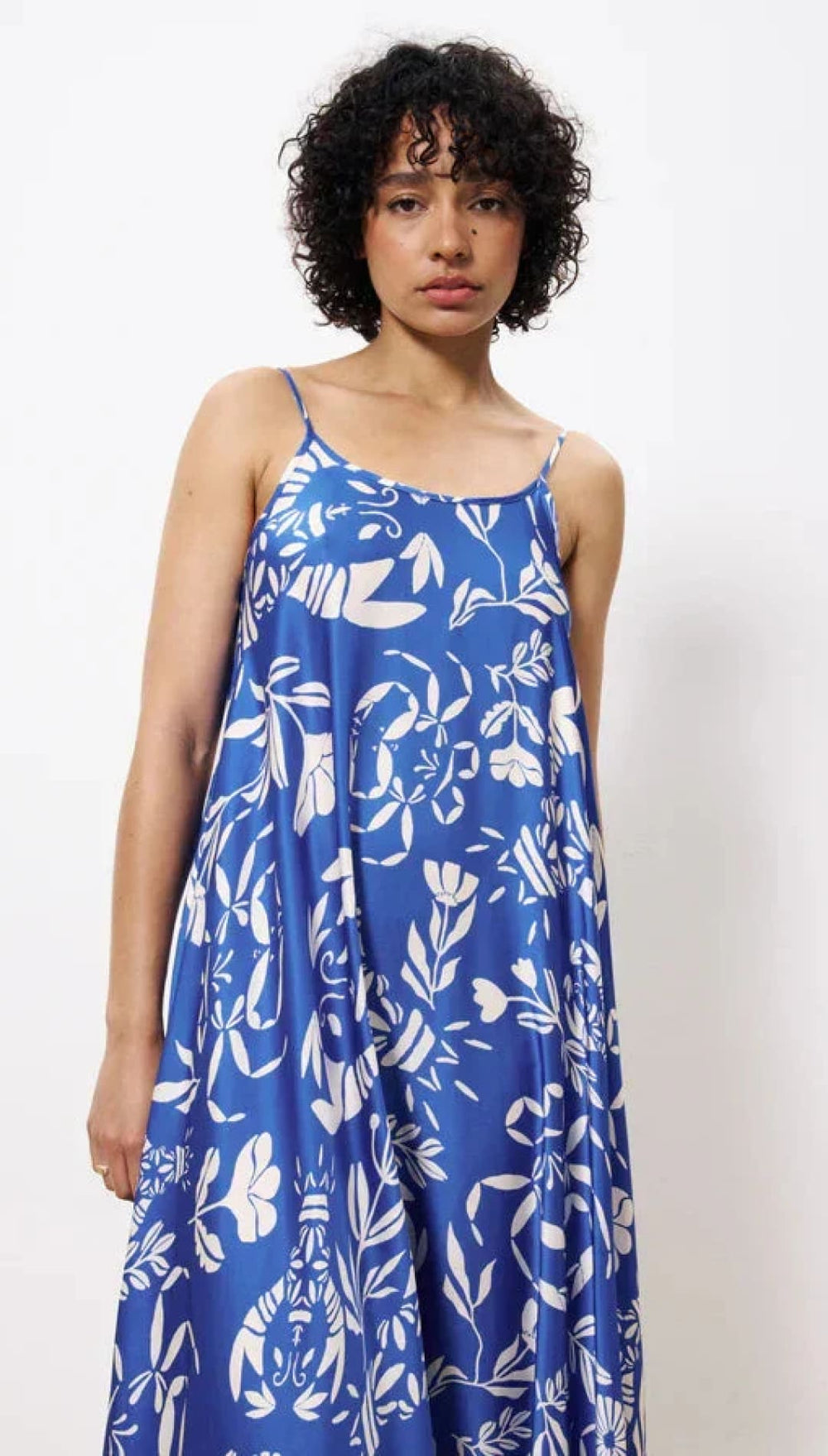 Blue and white floral print dress.