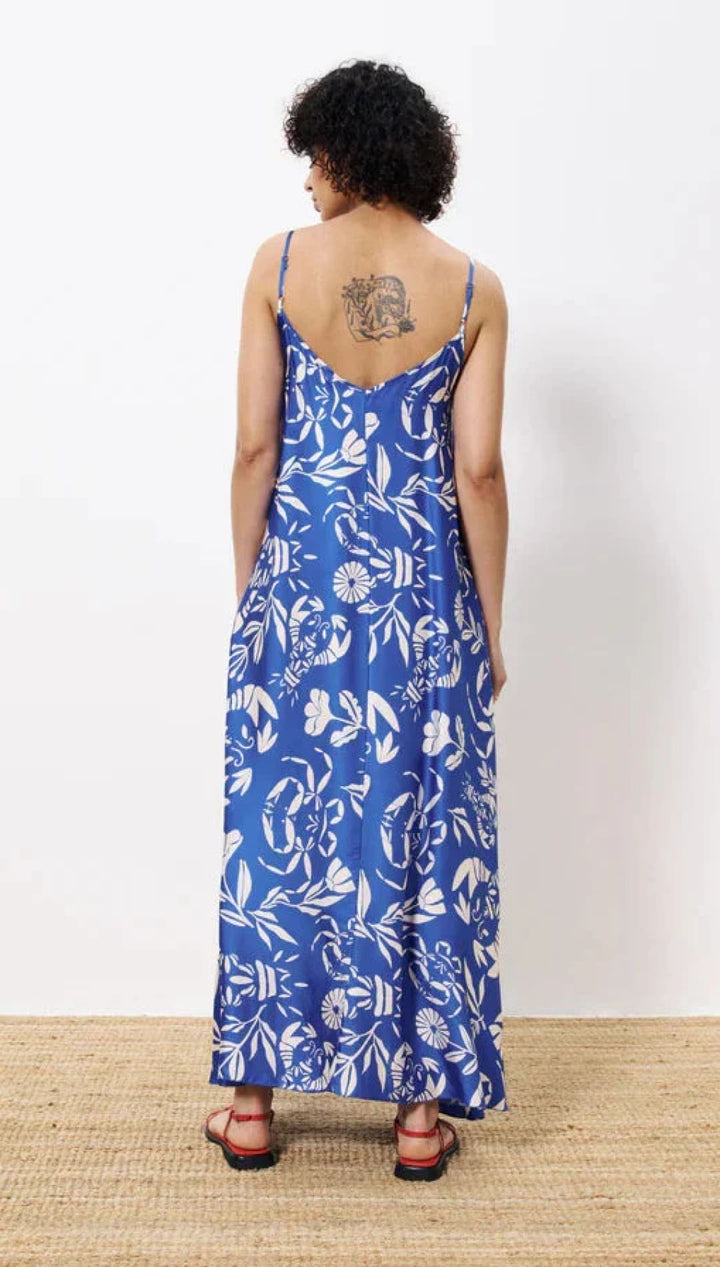 Blue and white floral print maxi dress.