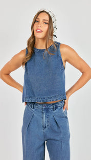 Blue denim sleeveless crop top with a round neckline and frayed hem