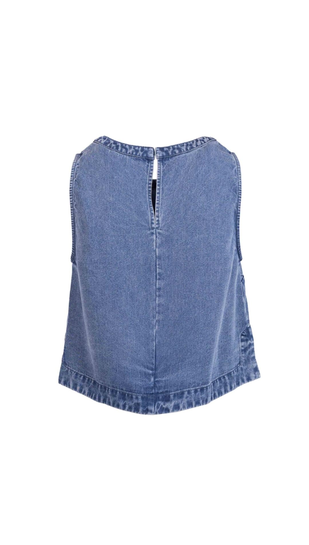 A light-wash denim sleeveless top with a rounded neckline and back zipper.