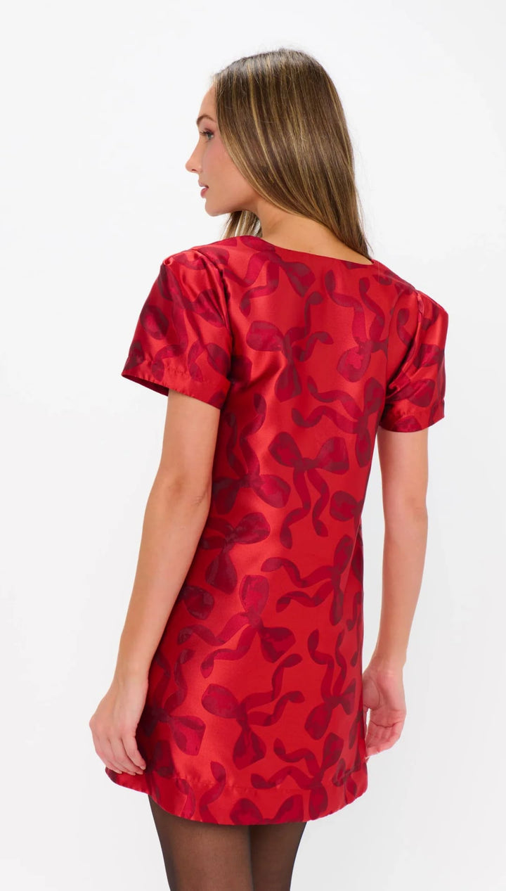 Red floral jacquard shift dress with short sleeves and a round neckline.