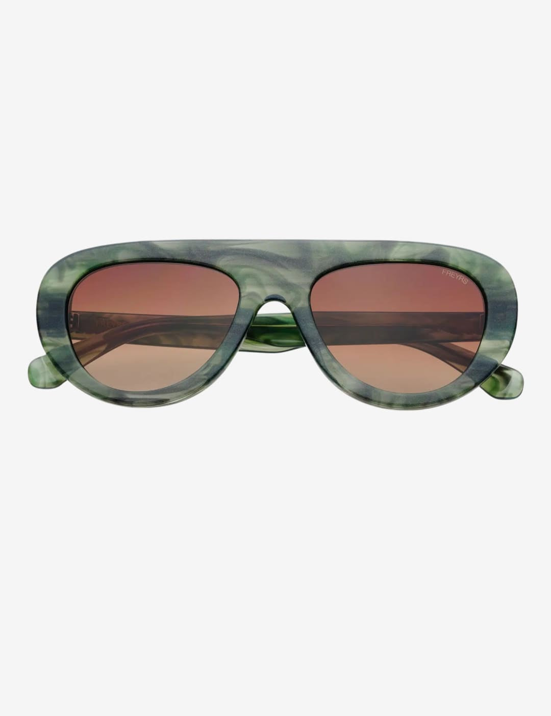 Green marbled acetate sunglasses with gradient rose-tinted lenses.
