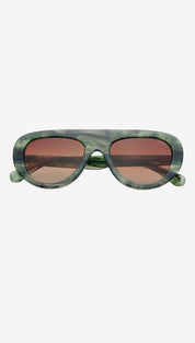 Green marbled acetate sunglasses with gradient rose-tinted lenses.