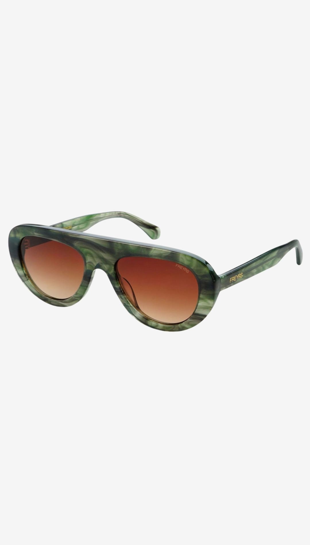 Green marbled acetate sunglasses with gradient brown lenses.