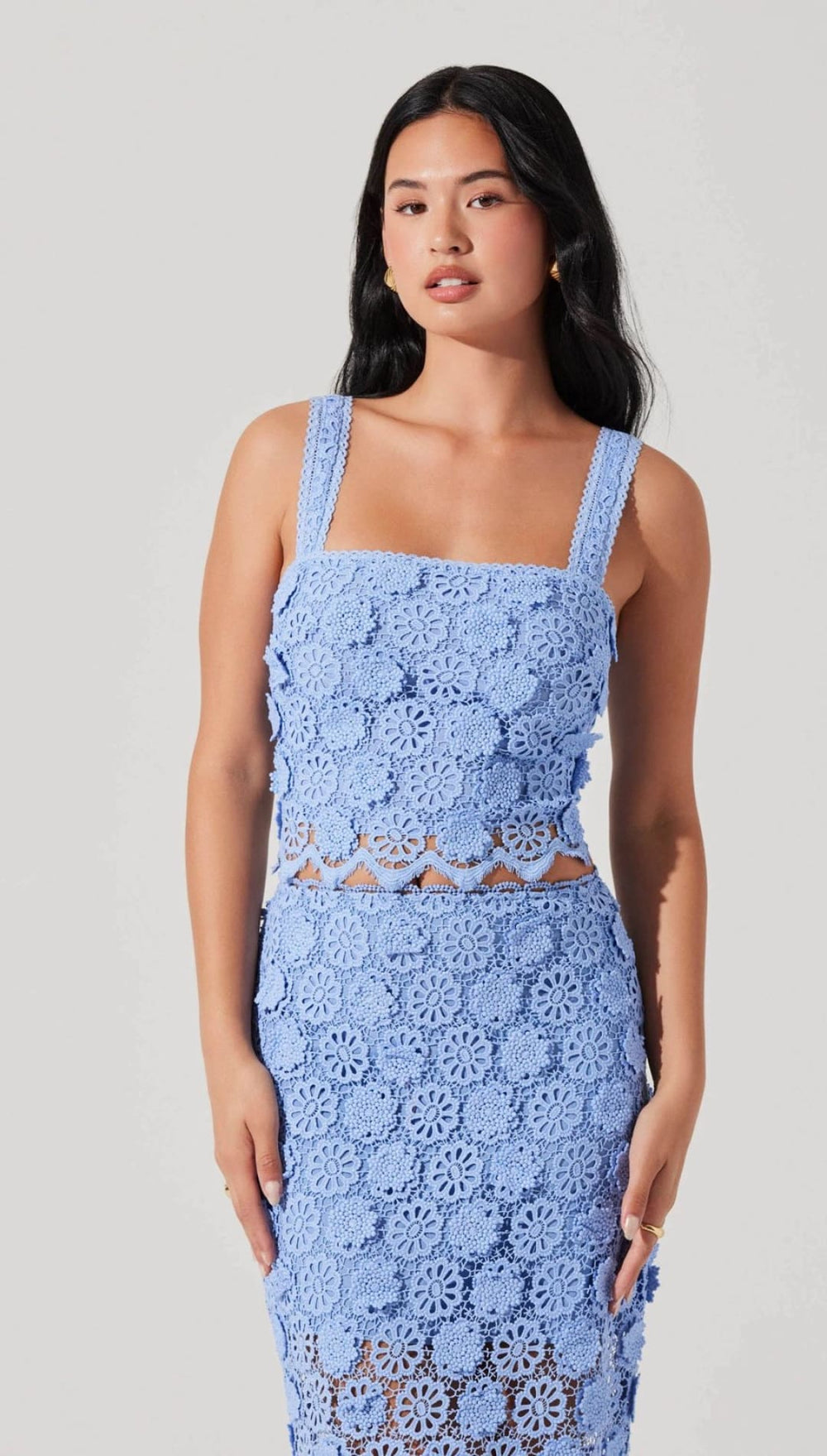 Blue floral crochet two-piece set.