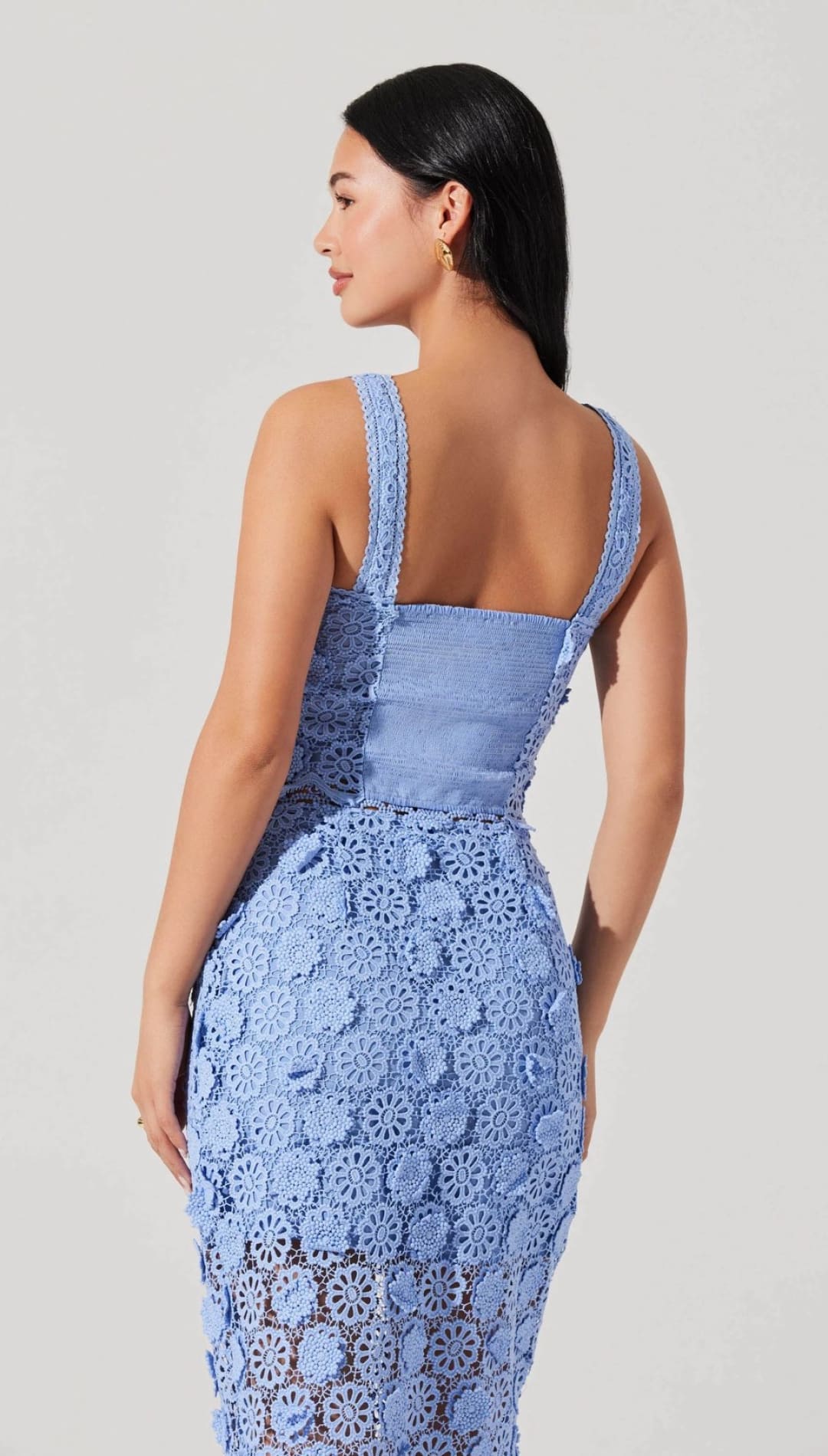 Blue floral lace dress.