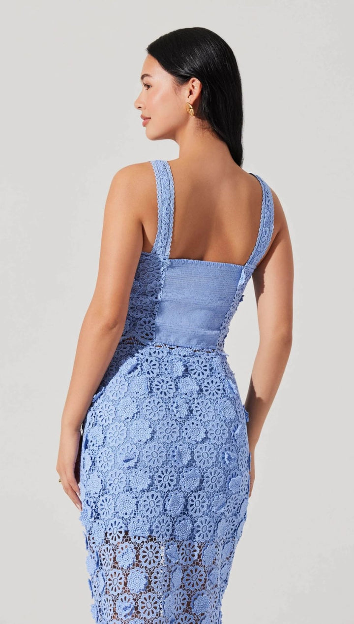 Blue floral lace dress.