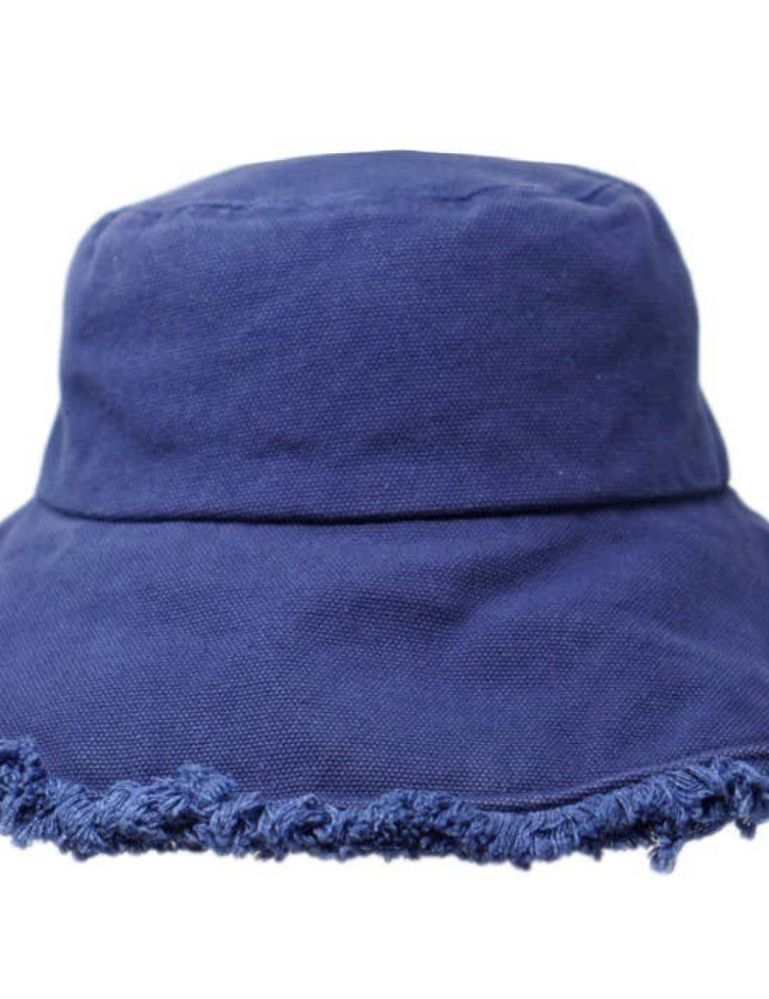 Blue denim bucket hat with frayed brim.
