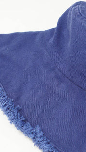 Blue fringed bucket hat.