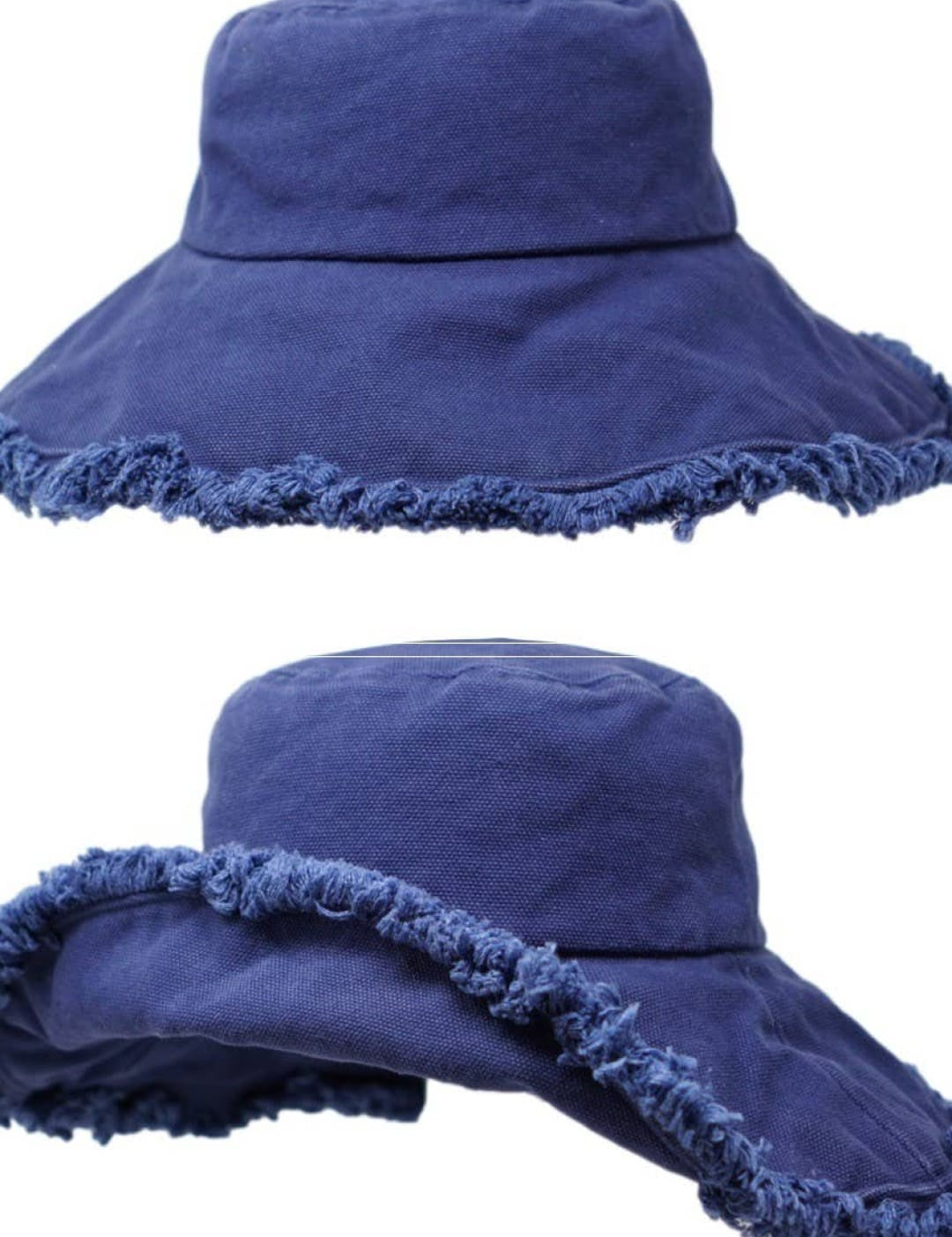 Two blue denim sun hats with frayed edges.