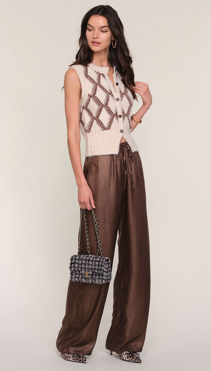 Brown silk wide-leg pants with a sheer panel at the ankle and an elastic waistband.
