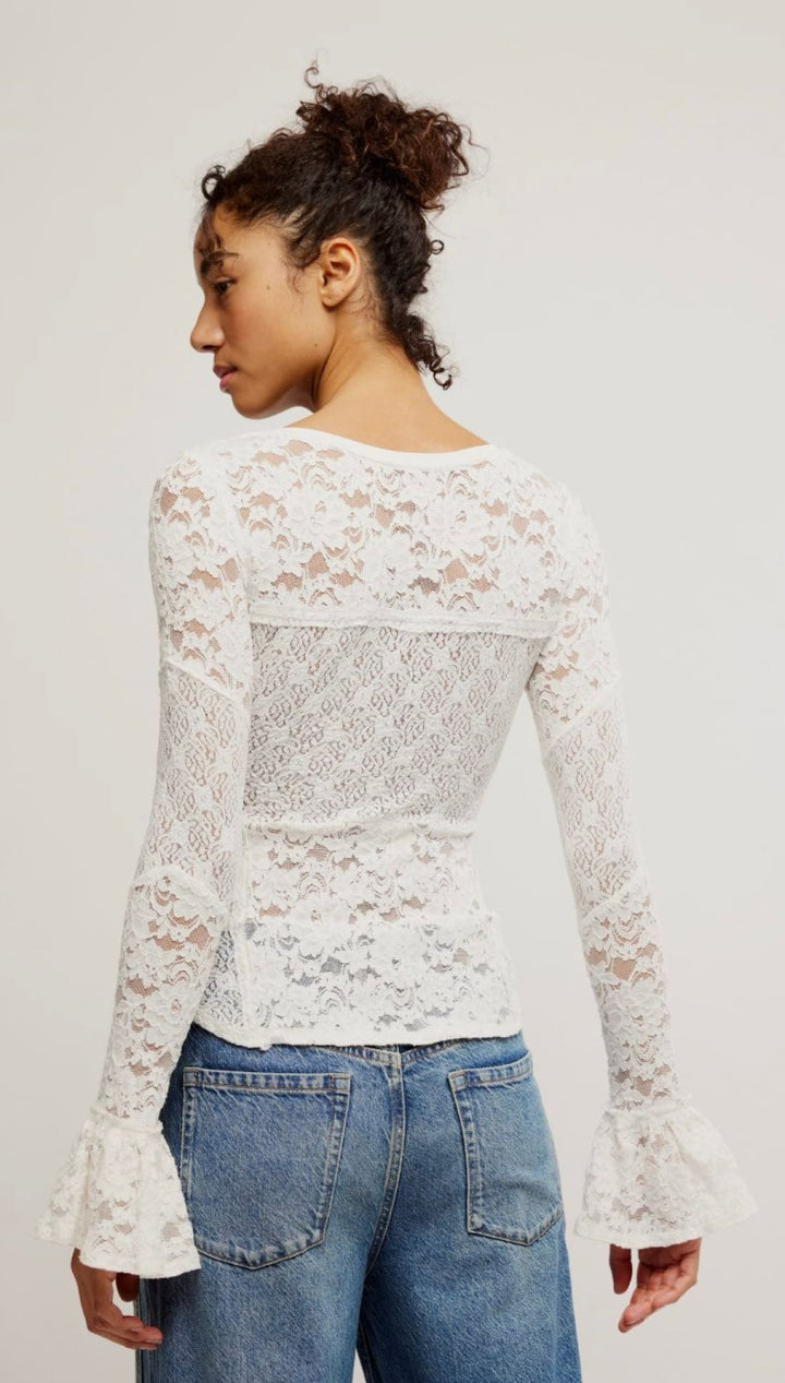 White lace long-sleeve top.