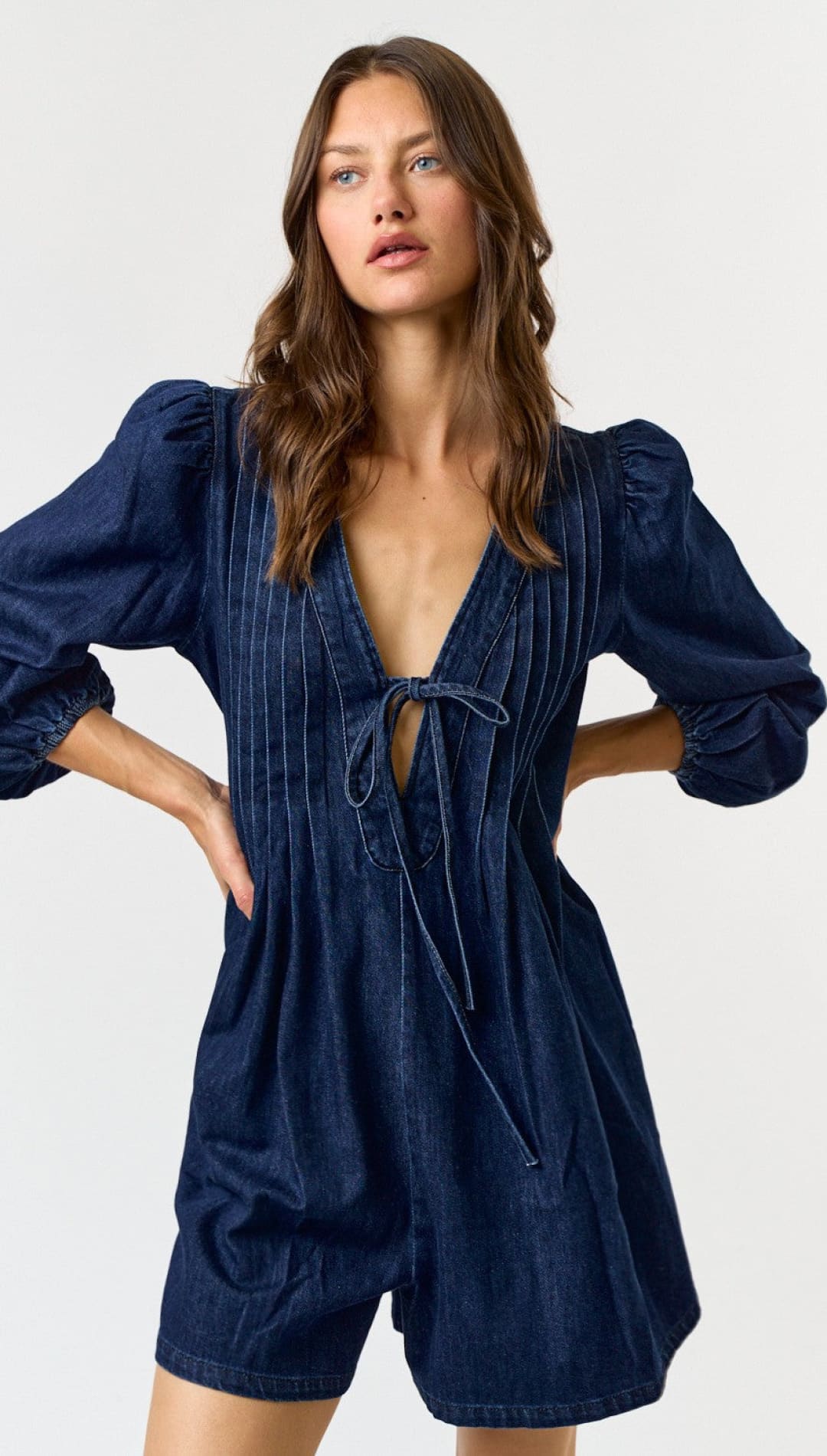 Lala Denim Pleated Romper - 180 Dresses