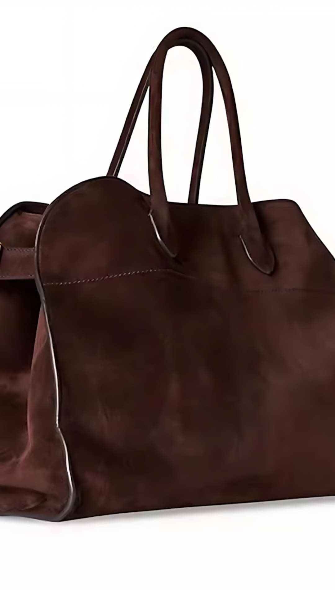 Brown leather tote bag with long handles and a buckle detail.