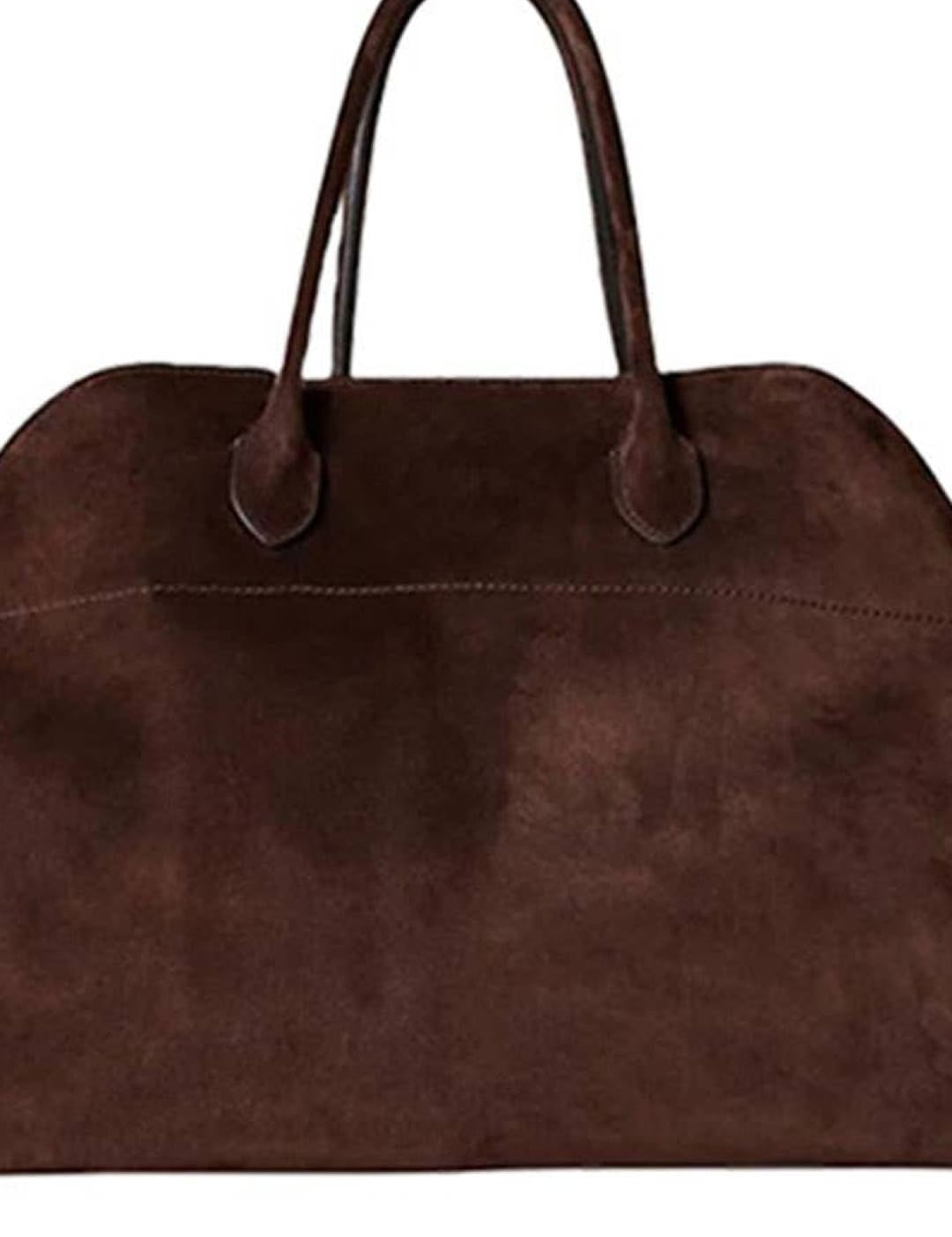 Brown leather tote bag with black handles and silver hardware.