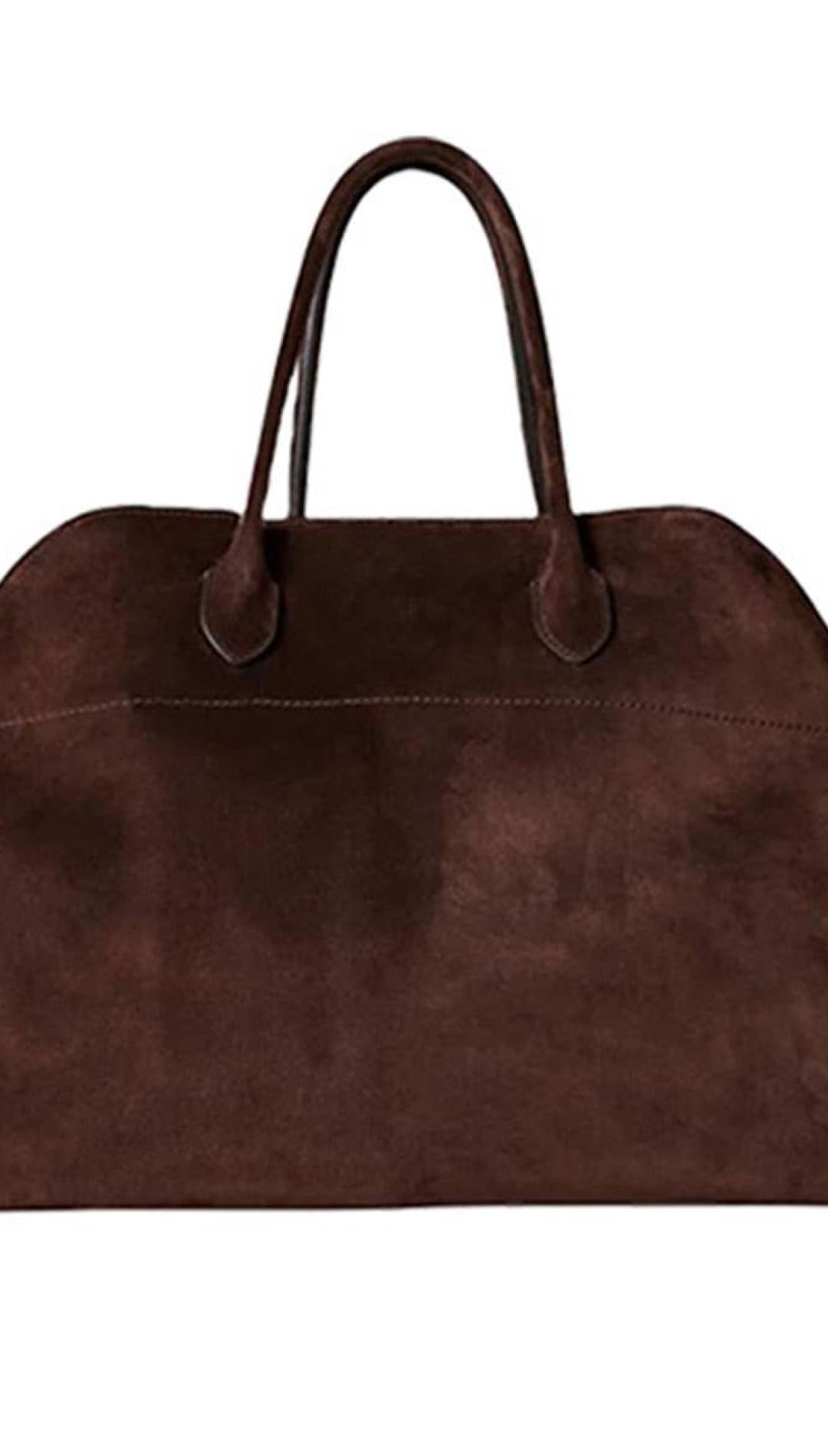 Brown leather tote bag with black handles and silver hardware.