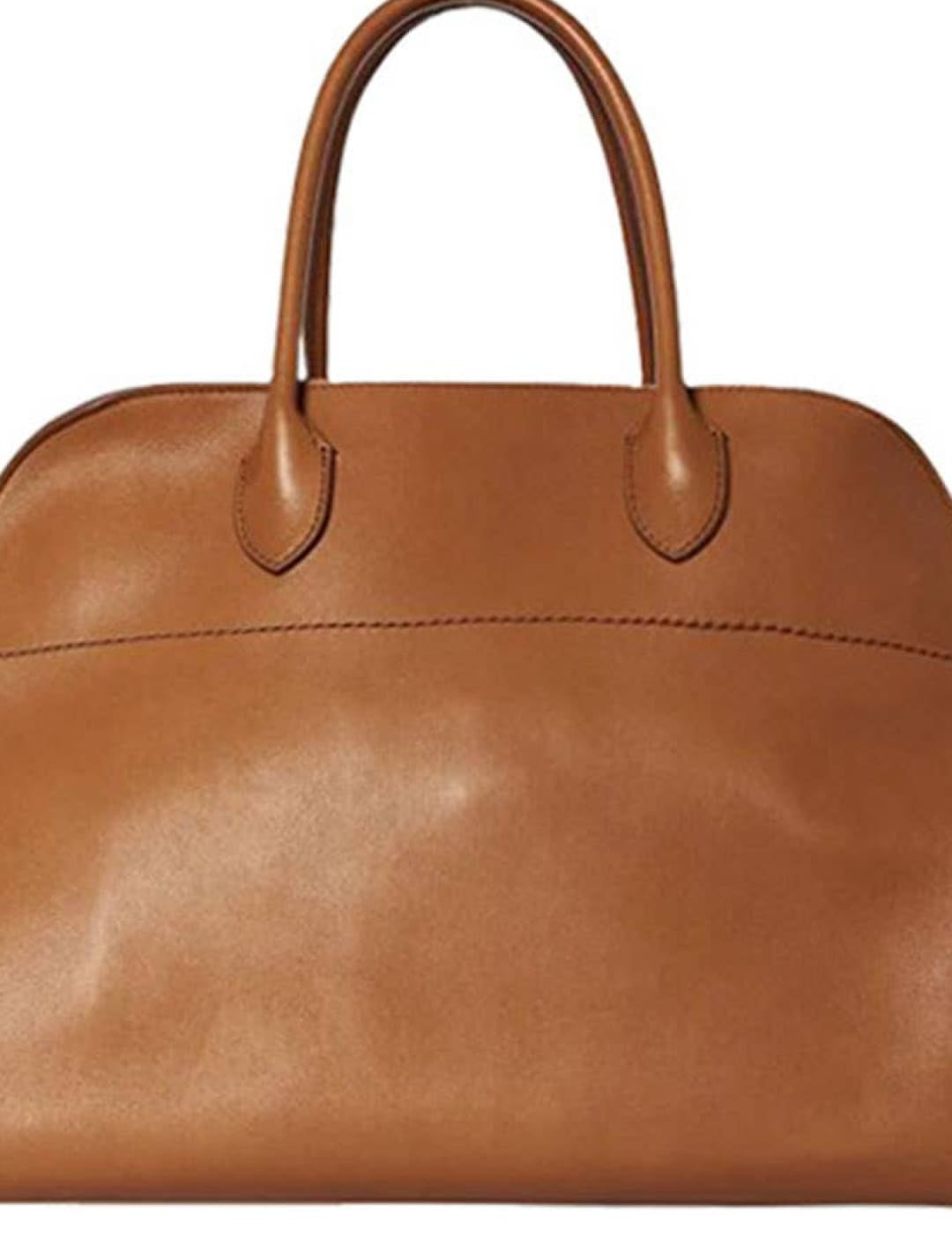 Brown leather tote bag with curved handles and structured shape.